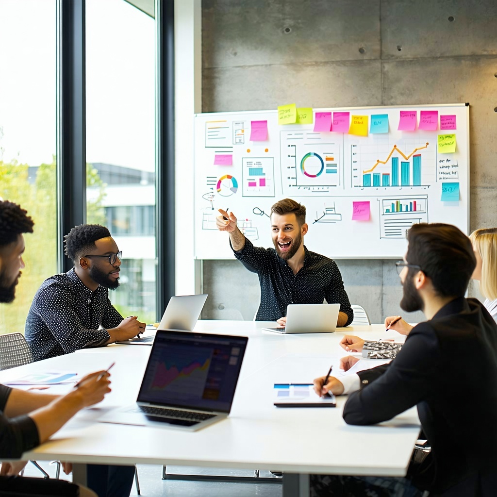 The image depicts a modern office environment where a diverse group of business professionals is engaged in a collaborative discussion around a large conference table The room is bright with large windows allowing natural light to flood in creating a-1